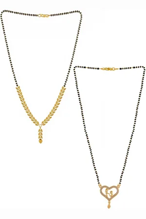 Brandsoon Set Of 2 Gold-Plated Black & White Stone-Studded & Beaded Mangalsutra