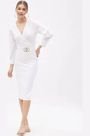 Harpa White Solid Deep V Neck Embellished Casual Midi Dress