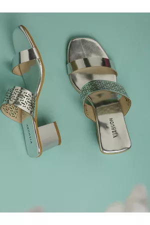 Vishudh Silver Textured Ethnic Block Sandals with Laser Cuts
