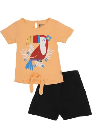 BodyCare Girls Peach-Coloured & Black Printed Pure Cotton Top with Shorts