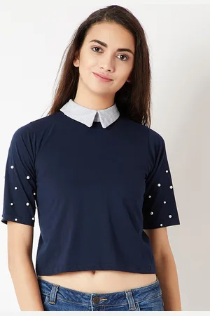 Miss Chase Women Navy Blue Embellished Shirt Style Pure Cotton Top