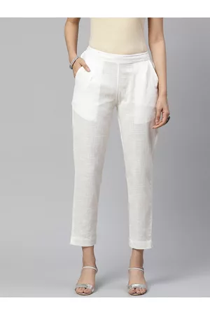 Divena World Women Off-White Comfort Regular Fit Solid Cotton Cigarette Trousers
