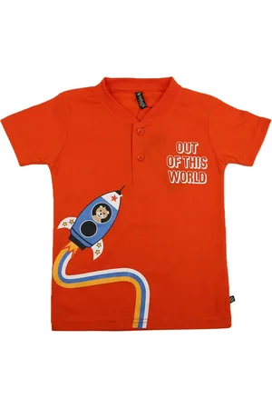 V-Mart Boys cotton Orange Printed Mandarin Collar T-shirt