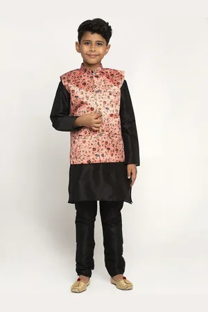 Kraft Boys Black Dupion Silk Kurta with Churidar