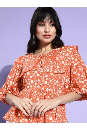 Antheaa Women Bright Orange Floral Peplum Top