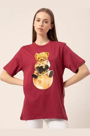Lounge Dreams Women Burgundy & Brown Printed Pure Cotton Oversized Lounge T-shirt