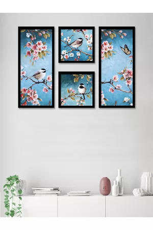 Art Set Of 4 Blue & Pink Birds Theme Framed Paintings