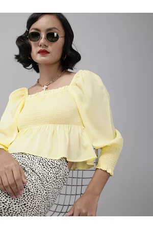 Rare Fashion Yellow Puff Sleeves Smocked Crepe Peplum Crop Top