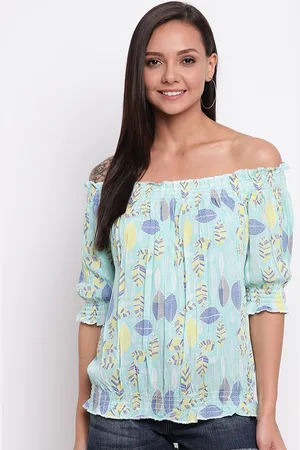 Mayra Blue Floral Print Off-Shoulder Bardot Top