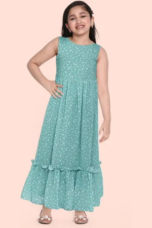 Ethnovog Girls Blue White Made To Measure Printed Georgette Dress
