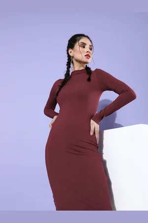 Tokyo Talkies Women Burgundy Striped Bodycon Dress