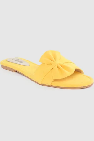 Funku Fashion Women Yellow Solid Velvet Bow Detail Open Toe Flats