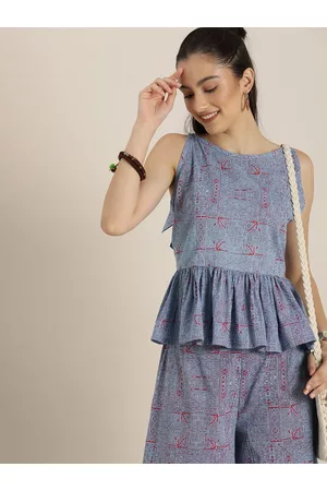 Sangria Women Blue Ethnic Motifs Printed Pleated Pure Cotton Top with Palazzos