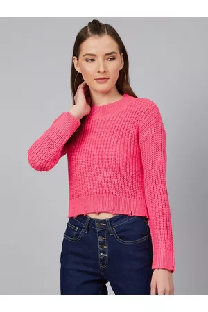 Cayman Women Pink Ribbed Crop Pullover Sweater