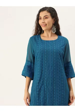 SWAGG INDIA Women Blue Embroidered Chikankari Georgette Kurta