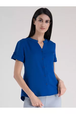 FableStreet Women Blue Mandarin Collar Roll-Up Sleeves Shirt Style Top
