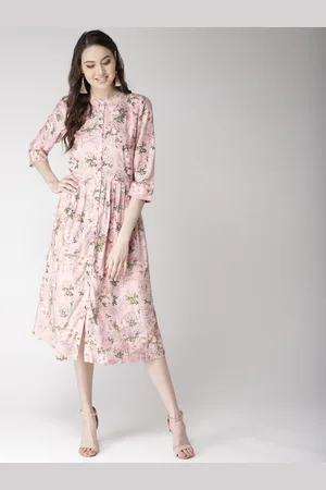 Antheaa Women Pink & Green Floral Print A-Line Dress