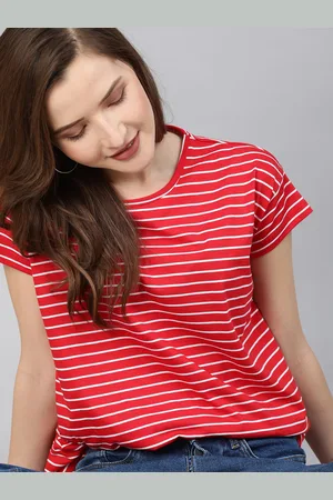 HERE&NOW Women Red & White Striped Round Neck T-shirt