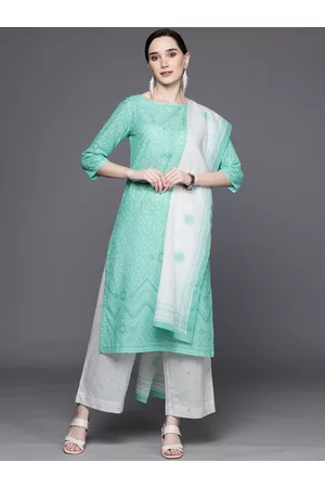Biba Women Sea Green & White Bandhani Print Pure Cotton Kurta with Palazzos & Dupatta