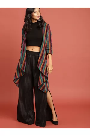 Taavi Women Multicoloured Striped South Cotton Woven Legacy Longline Waterfall Shrug