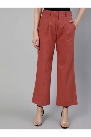 Jaipur Women Red Flared Solid High-Rise Pleated Cotton Parallel Trousers