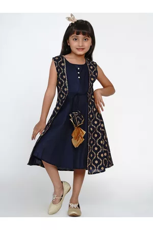 Bhama Girls Navy Blue Printed Layered A-Line Dress