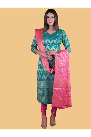 Divine International Trading Co Women Turquoise Blue & Pink Pure Cotton Unstitched Dress Material