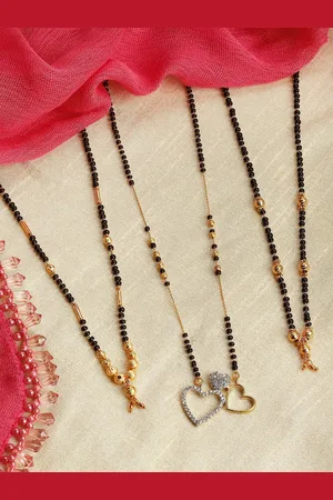 Zeneme Women Set Of 3 Gold-Plated Black AD-Studded & Beaded Mangalsutra