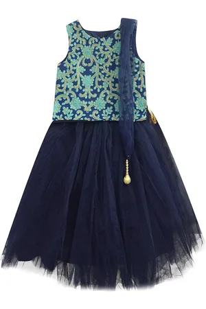A.T.U.N. A T U N Girls Navy Blue & Green Embroidered Ready to Wear Lehenga & Blouse With Dupatta
