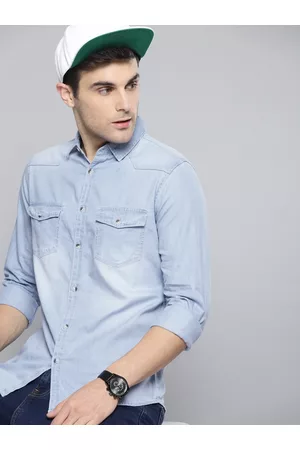 Dennis Lingo Men Blue Slim Fit Faded Casual Chambray Shirt