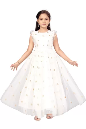 Aarika Girls White & Gold-Toned Embellished Net Maxi Dress