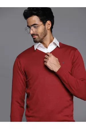 Louis Philippe Men Red Solid V-Neck Pullover