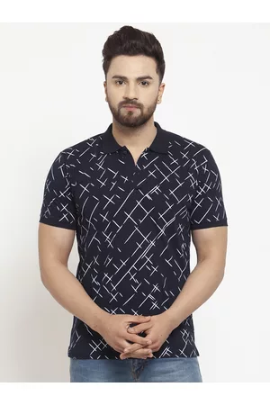 WILD WEST Men Navy Blue White Printed Polo Collar Pure Cotton T-shirt