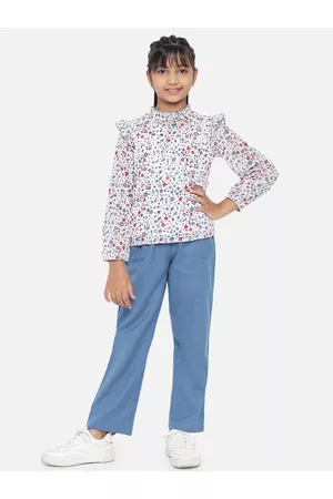 luyk Girls Blue & White Printed Top with Trousers
