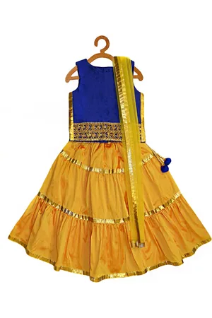 A.T.U.N. Girls Blue & Yellow Embellished Ready to Wear Lehenga & Blouse With Net Dupatta
