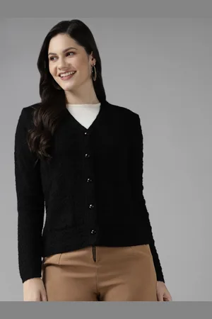 Cayman Women Black Self-Design Woollen Cardigan