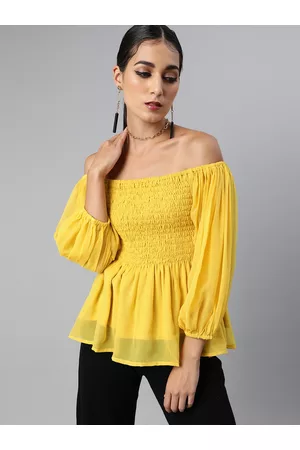 Sera Women Yellow Solid Off-Shoulder Smocked A-Line Top