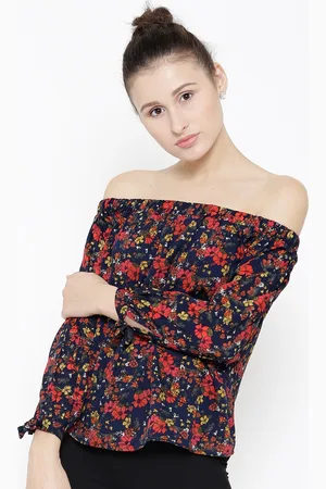 Sera Women Navy & Red Printed Off-Shoulder Top