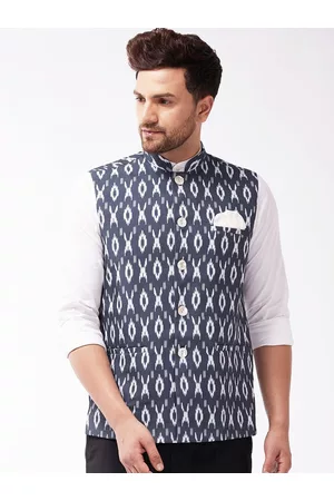 Vastramay Men Navy Blue & White Printed Pure Cotton Woven Nehru Jacket