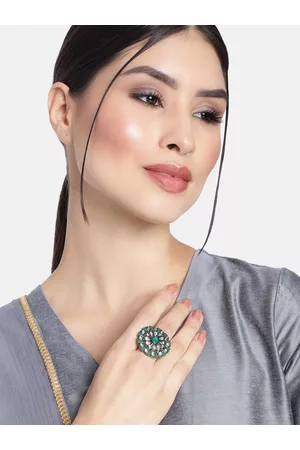 I Jewels Green & Silver-Toned Rhodium Plated Oxidised Kundan Handcrafted Finger Ring