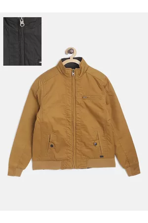 Roadster Boys Mustard Brown & Black Pure Cotton Reversible Bomber Jacket