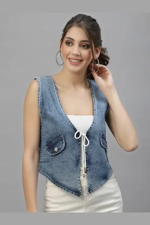 KASSUALLY Women Blue Crop Tie-Up Shrug
