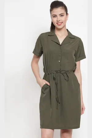 Color Cocktail Women Olive Green Solid Shirt Dress