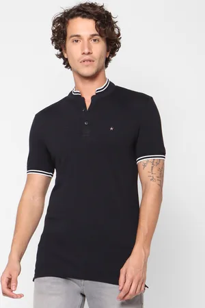 Celio Men Black Solid Mandarin Collar T-shirt