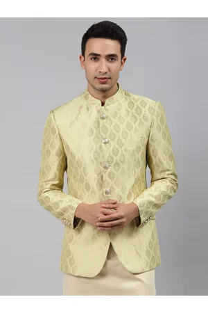 MANQ Men Green Self-Design Slim Fit Bandhgala Blazer