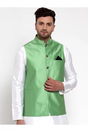 Jompers Men Green Woven-Design Nehru Jacket