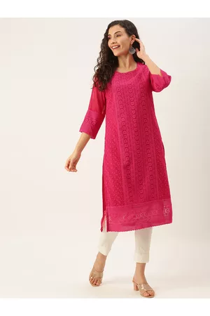 SWAGG INDIA Women Fuchsia Embroidered Chikankari Georgette Kurta
