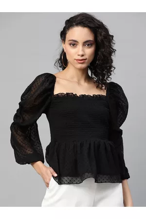 Pluss Women Black Self-Design Smocked Peplum Top