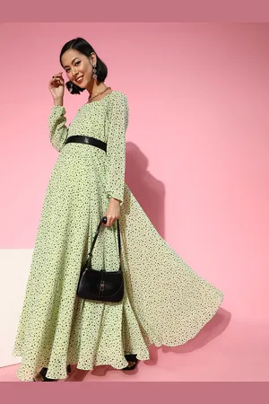 Inddus Women Gorgeous Green Polka-Dotted Belted Dress