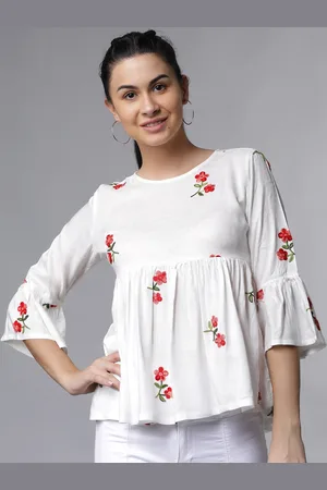 Tokyo Talkies Women Off-White Floral Embroidered Top